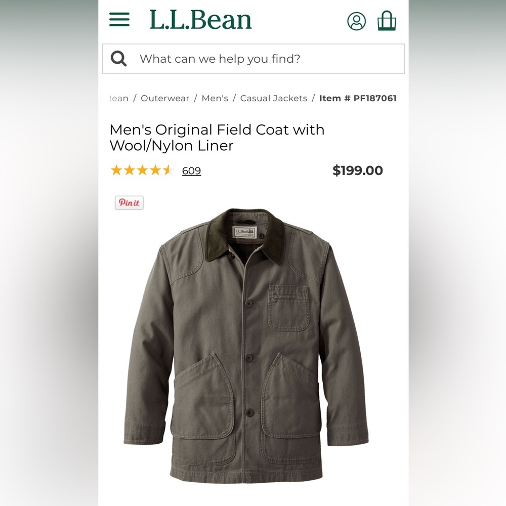 LL Bean Men’s Original Field Coat with Wool/Nylon Liner